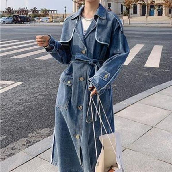 Damengrabenmäntel Luxus Frauen Denim Mantel mit mittlerer Länge lockerer Kragen Lange Jeansjacke mit Gürtel Cowboy Windbreaker Strickjacke