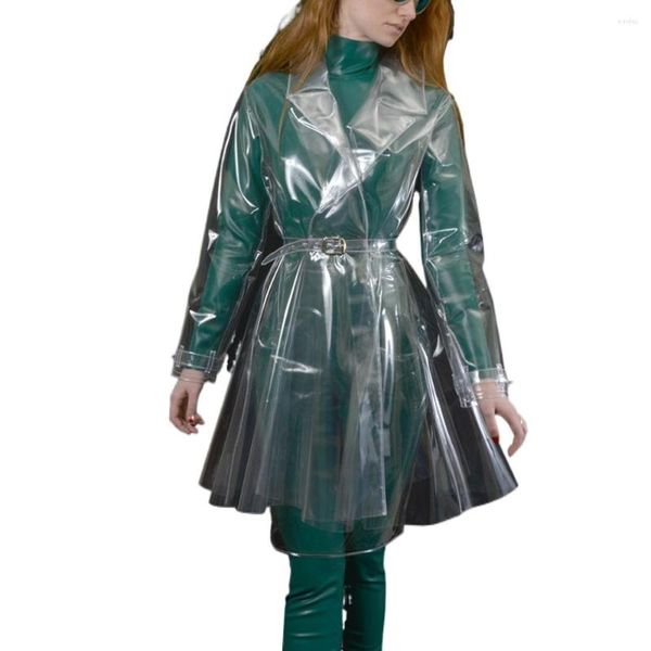 Casacos de trincheira feminina Moda Fetish Plástico Casaco de plástico para mulheres Clear PVC Lapela Pescoço de manga comprida Casa -de -chuva de vinil de vinil de manga comprida Vinil