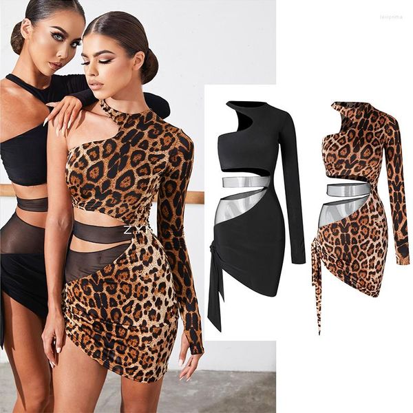 Stage Wear 2023 Dance Dance Desame Women Black Long Sleeves Sexy Leopard Room Competition Abbigliamento invernale DNV16778