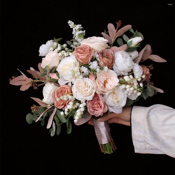 Свадебные цветы janevini шампанское свадебные букеты искусственные эвкалипт шелковые розы невесты рука с поддельными букетами аксессуаров