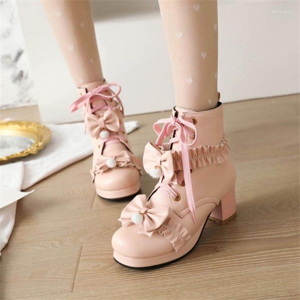 Stiefel Lolita Stil süßer Knöchel weiß rosa Frauen Ruffen Schmetterlingsknoten gekreuzt dicker Block High Heels Party JK Schuhe Prinzessin Prinzessin