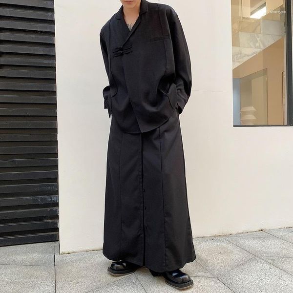 Calças masculinas 2023 Botões frontais de personalidade Design perna larga de rua japonesa Harajuku calças de calça casual