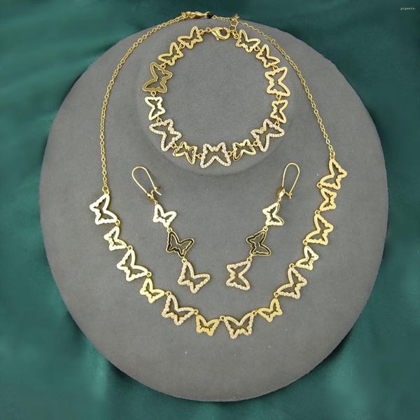 Halskette Ohrringe Set Brasilianer eleganter Schmuck 21K Gold plattiert Zirkon Schmetterlingsarmband Sets Dubai Braut Hochzeit Bankettzubehör