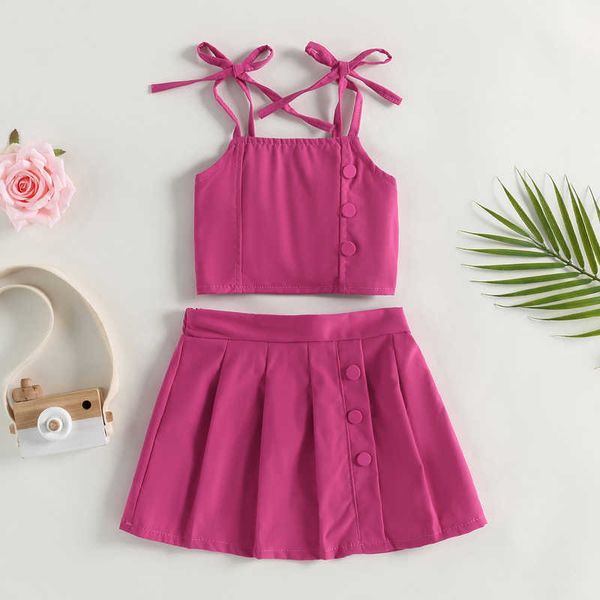 Комплекты одежды для девочек, летние летние наряды, однотонные топы на шнуровке на плечах, мини-плиссированная юбка с высокой талией, розово-красный комплект одежды