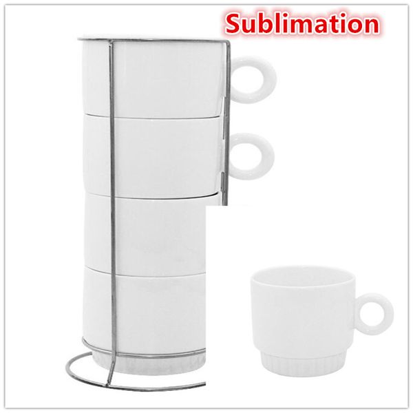 Canecas de café de 8oz de sublimação de 4 canecas de café em branco com porcelana de porcelana de porcelana de porcelana xícaras de cappuccino com suporte de metal para café, chá, cacau