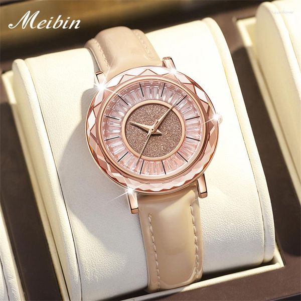 Relógios de pulso Meibin Womens Relógios Top Crystal Quartz Watch for Women Fashion Leather Strap impermeável