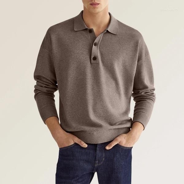 Herren Polos Herbst Langarm V-Ausschnitt Button Casual Top Polo Shirt