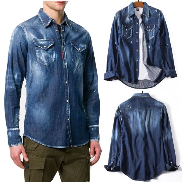 Zerrissenes Denim-Shirt-Hemd Herren Distressed gebleichte Wäsche Vintage Casual Slim Fit Jean Shirts cool