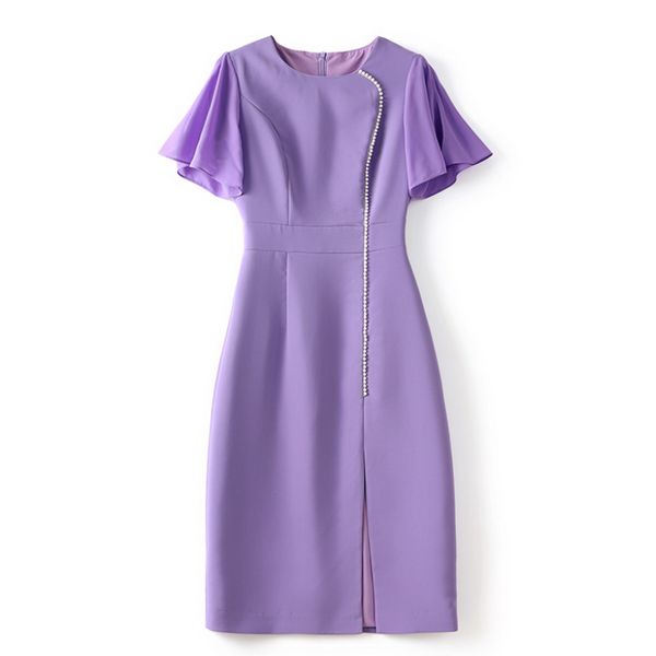 2023 Sommer Purplesolid Farbkleid Kurzarm Runde Hals knielange lässige lässige Kleider W3L043301