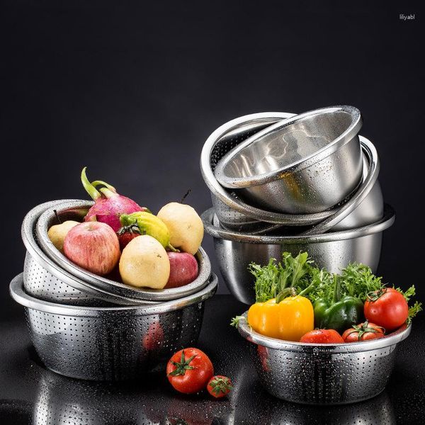 Schalen Edelstahl Reis Sieb Wäsche Gemüse Becken Abfluss Korb Salat Ei Mischungsset Suppensieb Küche Utensilien