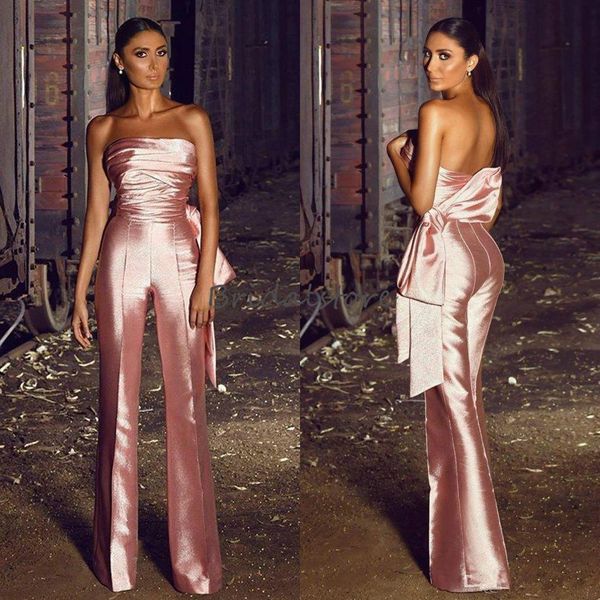 Trend Rose Pink Jumpsuit Abendkleider sexy trägerlose Seiden Satin Pant Prom Party Kleider mit Big Bow 2021 Billige Roben de So289s