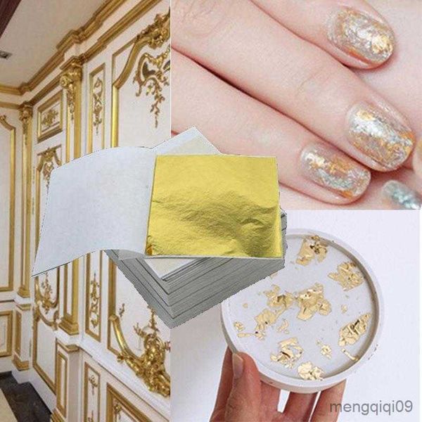 Geschenkverpackung 100pcs Blech Imitation Gold Silber Folie Papier Blatt Vergoldung 9 cm einzeln verpackt Nachahmung DIY Craft Nagel Kunst Schmuck R230814