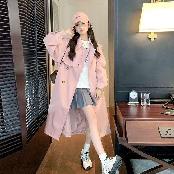 Trench feminina casacos rosa Windbreaker primavera e outono 2023 coreano solto casual elegante remendo de peito duplo de peito longo