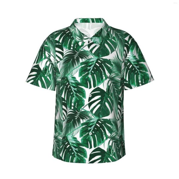 Camisas casuais masculinas folhas verdes com homens brancos havaianos de manga curta para baixo da praia floral tropical