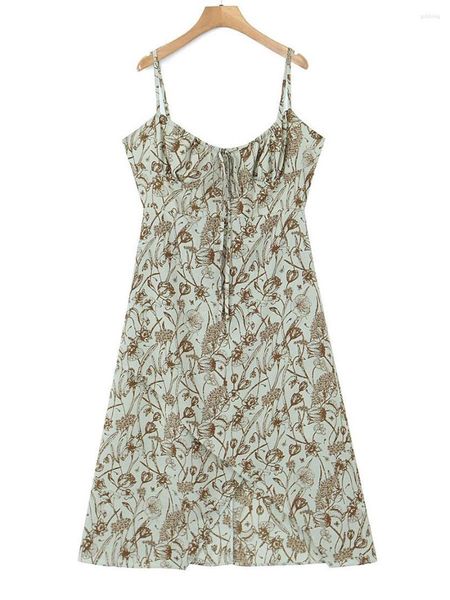 Vestidos de tamanho grande, vestido floral de boa qualidade Mulheres 2023 Primavera no verão Spaghetti Strap Lace-up Via de peças em vaca