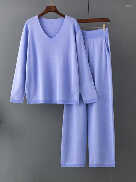 Женские брюки с двумя кусочками наборы Vise Fashion Fashion Solid Plus, соответствующий высоким талию. Повседневные брюки пижамы пижамы
