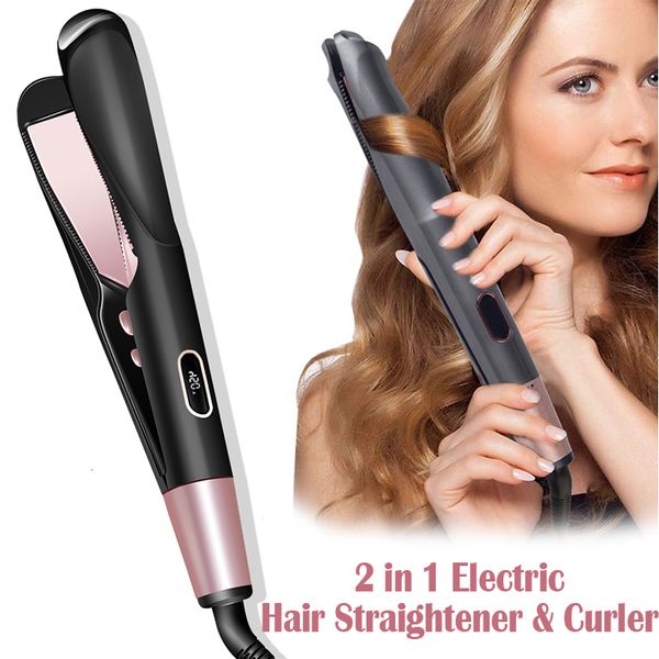 Ferros de curling 2 em 1 Pro Pro Twist Hair Alisadores e Curler Wave Spiral Gold Flat Flor Ferrening Styling Tool 230812