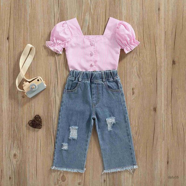 Giyim Setleri 2 PCS Toddler Bebek Kız Yaz Giyim Seti Kısa Kollu Çizgili Pembe Gömlek Denim Pantolon 1-6YEAR R230814