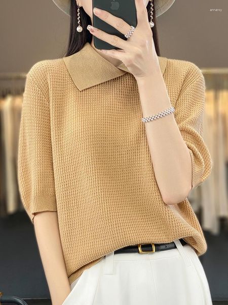 Frauenpullover Frühling Wollpullover für Frauen 2023 Kleidung Turn-Down-Kragen Kurzarm Tops Strickwears Vintage Pullovers Mujer Koreanisch