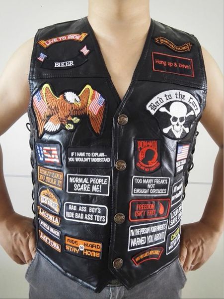 Coletes masculinos masculinos de couro genuíno preto W 42 Patches Us Flag Eagle Biker Vests S-3xl 230812