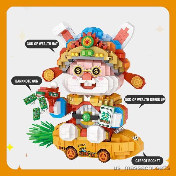 Blocks Dancing Lion Fortune Mascot Diamante Figura Bloco de construção DIY Treasure Rabbit Lucky Cat Puzzle Decor Toys Kids Gifts R230814