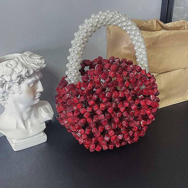 Abendtaschen Granatapfel Retro Frauen Bag Hand gemacht ausgehöhltes rotes kirschrosa runde Kuchen Imitation Perlen Handtasche 2023 kleine quadratische Perle