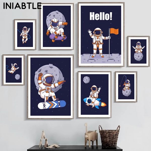 Leinwand Malerei Astronaut Planet Raum Raketen Cartoon Poster Print Kindergarten Wandkunst Nordisches Bild Baby Kinder Kinder Schlafzimmer Dekor wo6