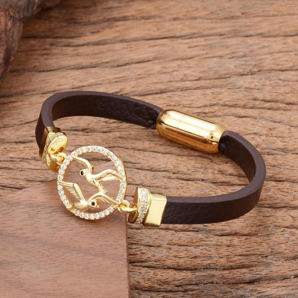 Charme Armbänder braune Leder -Frauen Hand für Mann Dragon Kubik Zirkonia Armband Reize Juwelier Männer Ketten Goth Schmuck Luxus