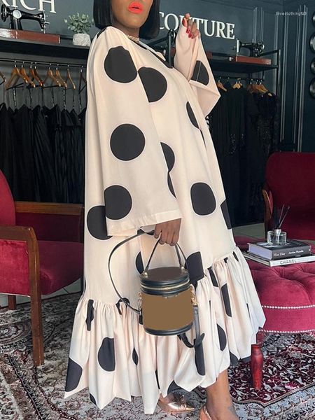 Lässige Kleider Maxi Lose Polka Punkt gedrucktes Kleid für Frau u Nacken Langarm Rückenfreie Rüschen Patchwork Aprikosen Afrikanische Kleid