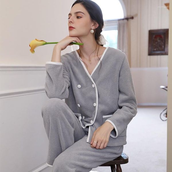 Kadın pijama 2pcs Kadın polar pijamalar set gri çift göğüslü takım elbise pijamaları seksi v yaka nightwear sonbahar gevşek ev kıyafetleri