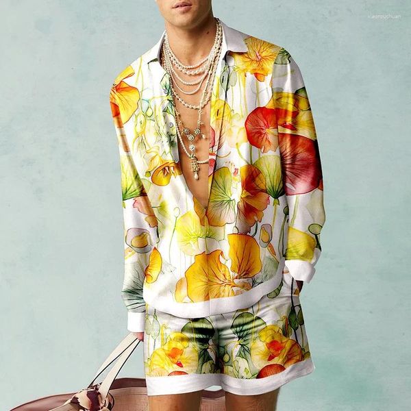 Camicie casual da uomo Modello di fiori per la camicia hawaiane set estate top top a due pezzi abbigliamento vintage