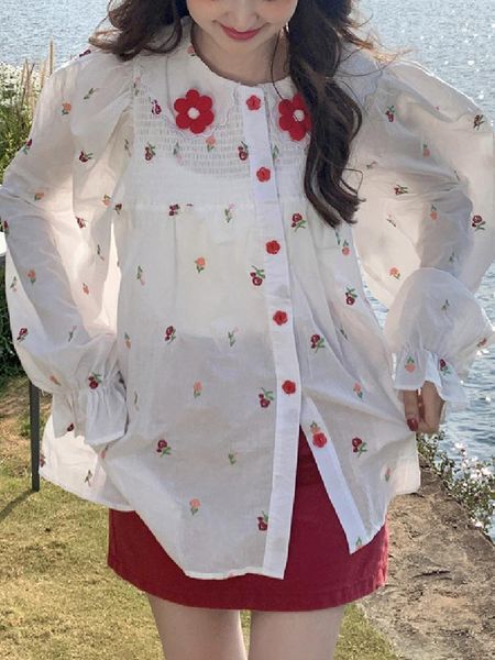 Женские блузки kimokokm сладкая рубашка однобортная питер Пэн Кружев Kawaii Flare рукав белая вышивка цветочная
