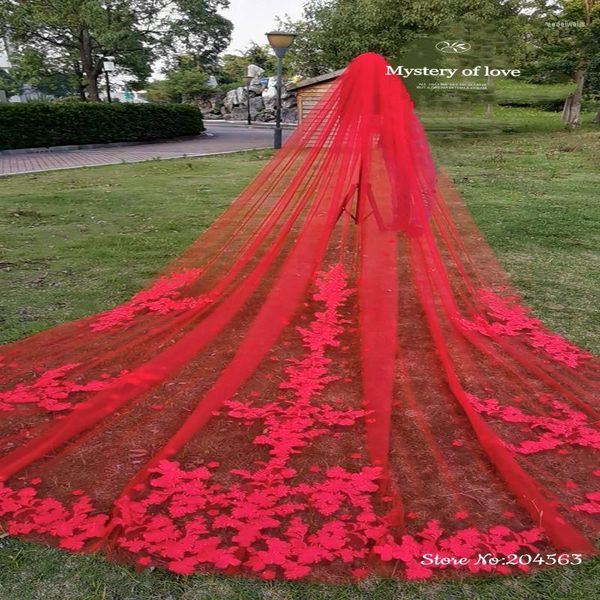 Velo da sposa velo in pizzo rosso con un strato rosso con fiori cattedrale pettine 4 metri lunghi accessori mm