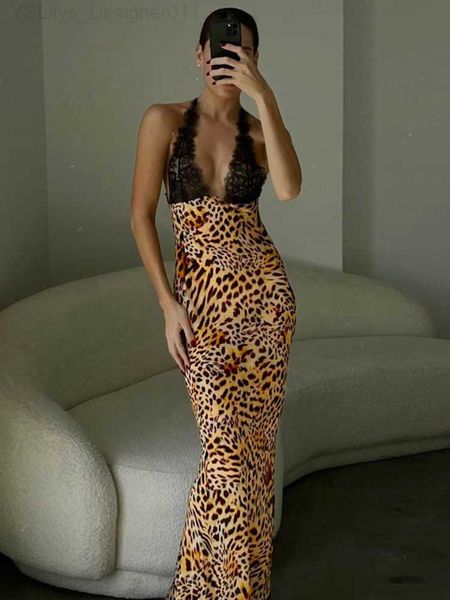 Vestido maxi de estampa de leopardo para mulheres verão 2023 Moda renda de retalhos vestido slim vestido de férias de volta sexy sem férias sem mangas L230814