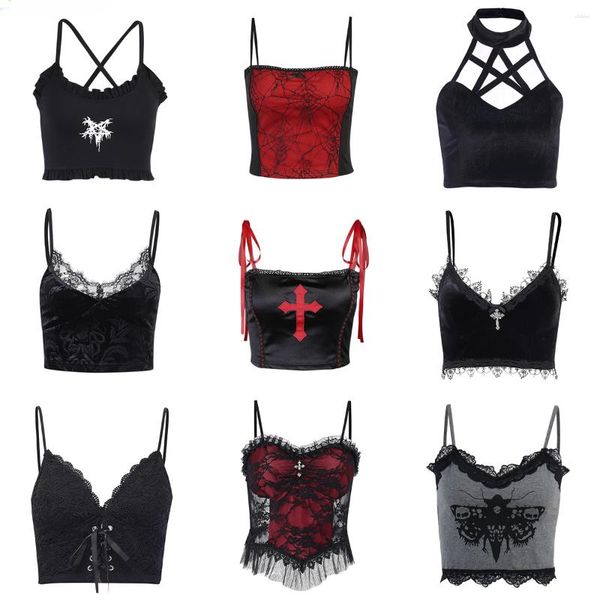 Tanques femininos Goth Cross Print Lace Bodycon Crops Camis Sexy y2k estético preto vermelho espartilho básico tanque tanque de verão roupas para mulheres