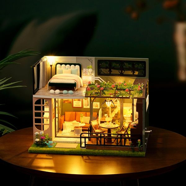 Doll House Accessoires Holz DIY Doll Cottage Exquisite elektronische 3D -Versammlungsschloss Unisex Bildungsspielzeug Miniatur Ornament für Kinder Erwachsene 230812