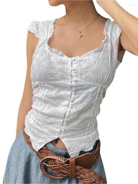 Blusas femininas VIQWQII Button S-shirts T-shirts Capra de manga quadrada Pescoço Tops Top-Up Back camisetas