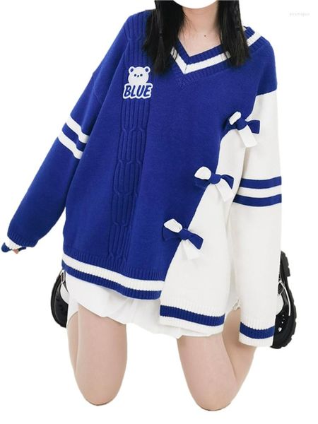 Frauenpullover Harajuku Fashion gegen Hals Frauen Strickpullover übergroße Top 2023 Korea Langarm Kawaii Bär Cartoon Vintage Striped Blue