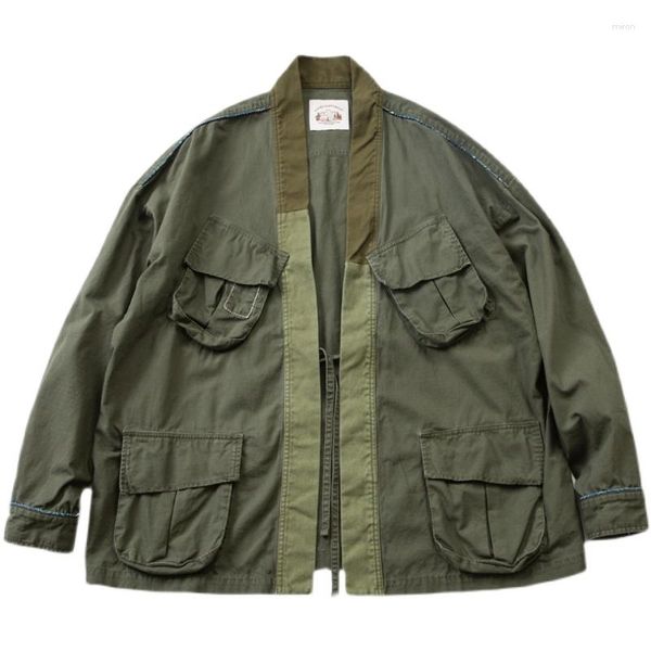 Jackets masculinos vários bolsos bordados com casaco de túnica taoísta de estilo militar, casaco de carga verde, angustiado para masculino