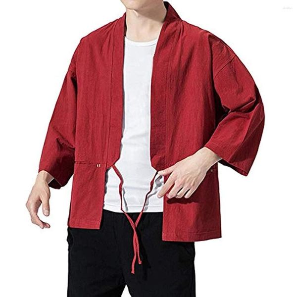 Etnik Giysiler Japonya Kimono hırka Harajuku Erkek Ceket Sıradan Hafif Keten Haori Hagata Geleneksel Samuray Kostüm
