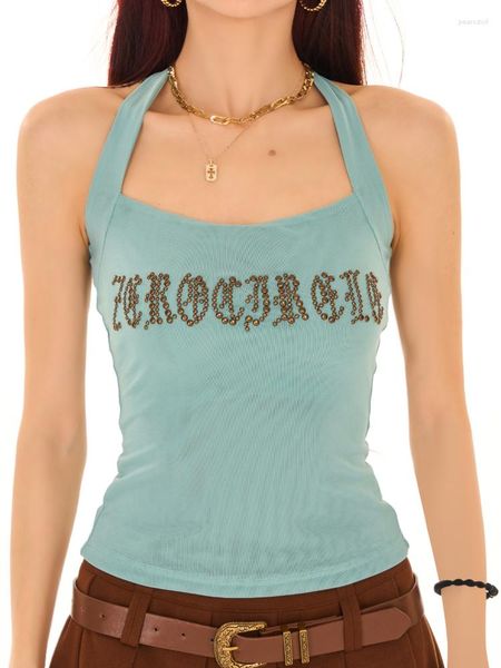 Frauen Tanks Weste Nylon Material Lake Blue Armee Grüne Neckholder -Strass -Mesh Sommer dünne schlanke schlanke ärmellose Top Fashion Einfach