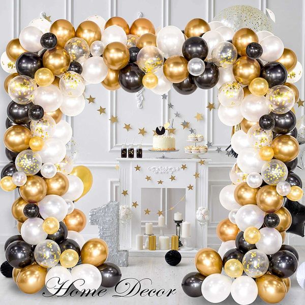 Garland de balão de decoração 120pcs Balões de metal de ouro branco preto para a formatura Decoração de aniversário de casamento do chá de bebê R230812