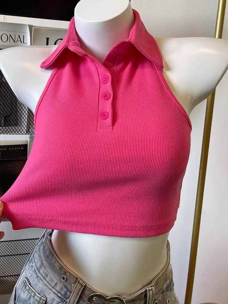 Pembe Gül Kırmızı Baharatlı Kız Polo Sıcak Boyun İnce Uygun Alt Tank Top Kadınlar Yaz Yüksek Sınıf Hissedilmiş Bir Göbek Kılıç Strap Kısa Üst