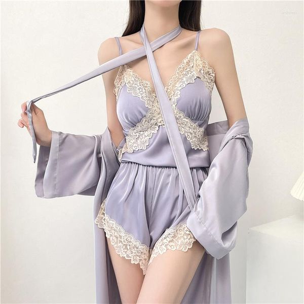 Frauen Nachtwäsche 3pcs Lace Camishorts Pyjamas Anzug sexy Robe Set Women Rayon Kimono Nachtwäsche Dessous Sommer -Pyjamas Loungewear