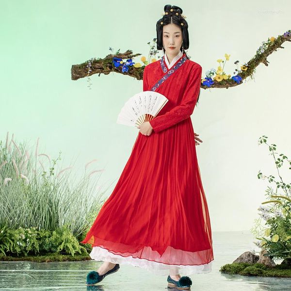 Lässige Kleider Ein Leben auf den linken Frauen verbesserte Hanfu Langarm Cross Breasted V-Neck Vintage Rot Stickkleid traditionelle Chinesisch