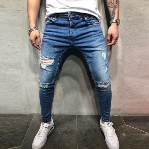 Jeans masculinos 2023 Elastic Hole Hene Knee Slim Comprimento completo calça jeans Solid Color Streetwear Moda