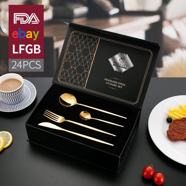 Geschirrsets portugal Edelstahl Westtabellgeschirr Titan geplattet Gold Geschenkbox Artikel Steak Messer Fork und Löffel 24-teiliger Set