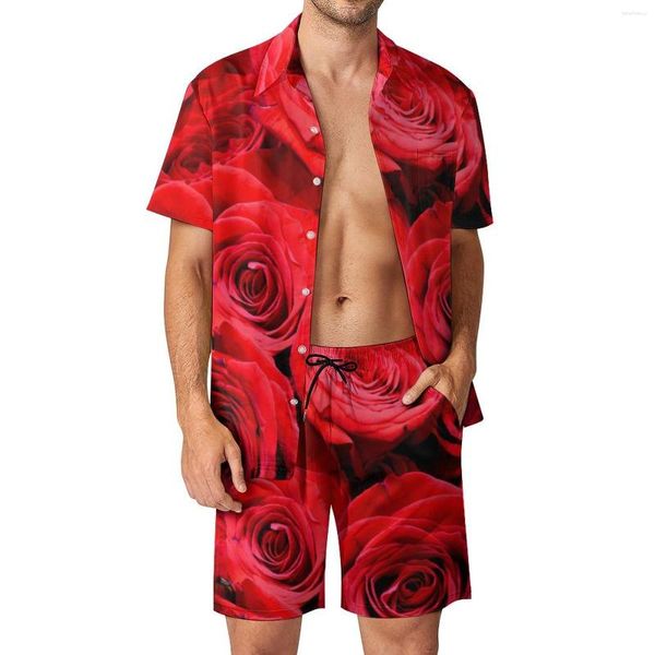 Мужские спортивные костюмы Red Rose Print Мужчины набор элегантных цветочных повседневных рубашек набор модных шорт для пляжной одежды летний дизайн.