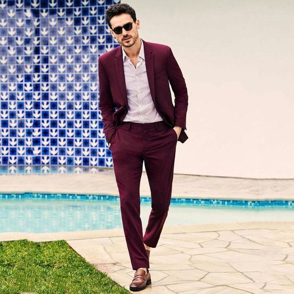 Erkekler Suits Burgundy Business Erkekler Düğün Damat Smokin Pantolon için Erkekler 2 Parça Fit Sağdı Groomsmen Blazer Kostüm Homme Sigara Ceket