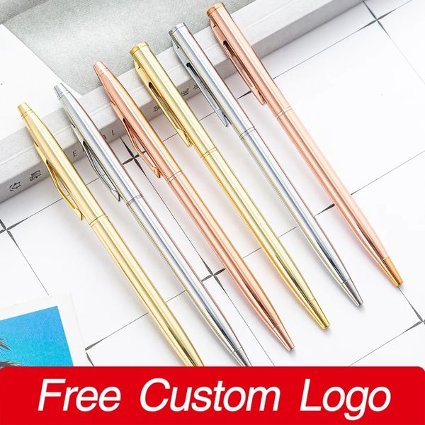 Ballpoint Pens 50pcs/Lot Slim Metal Ballpoint Pens Rose Gold Пользовательские рекламные надписи с гравированным название школьное офис Подарки 230812